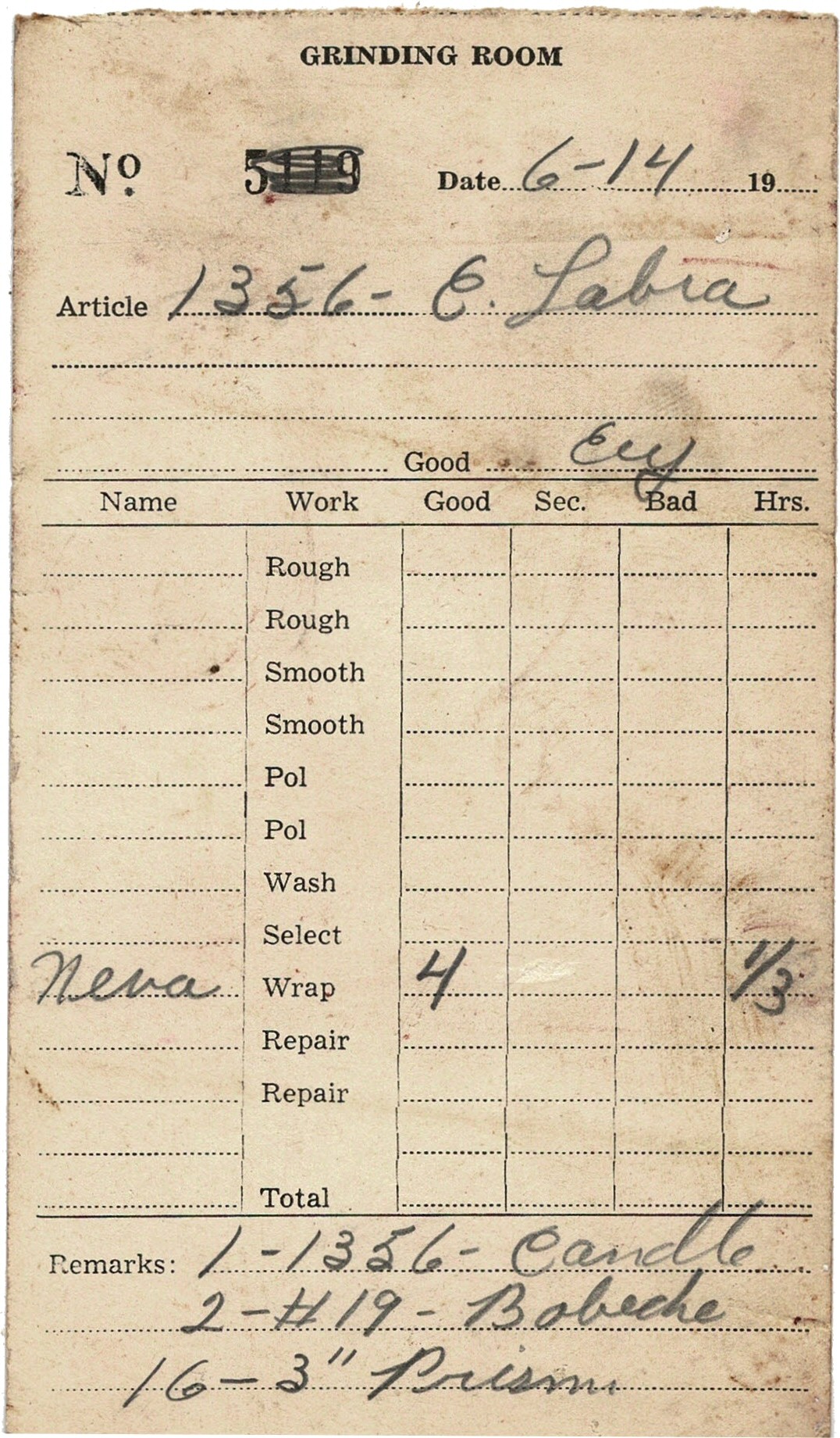 6/14/1956 - 1356 C Labria - Grinding Room Card - National Cambridge ...